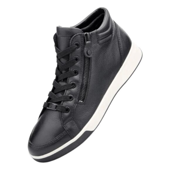 Ara Callan High-Top Sneaker Black Leather Lace-Up Padded Insole 6.5 - Picture 1 of 9